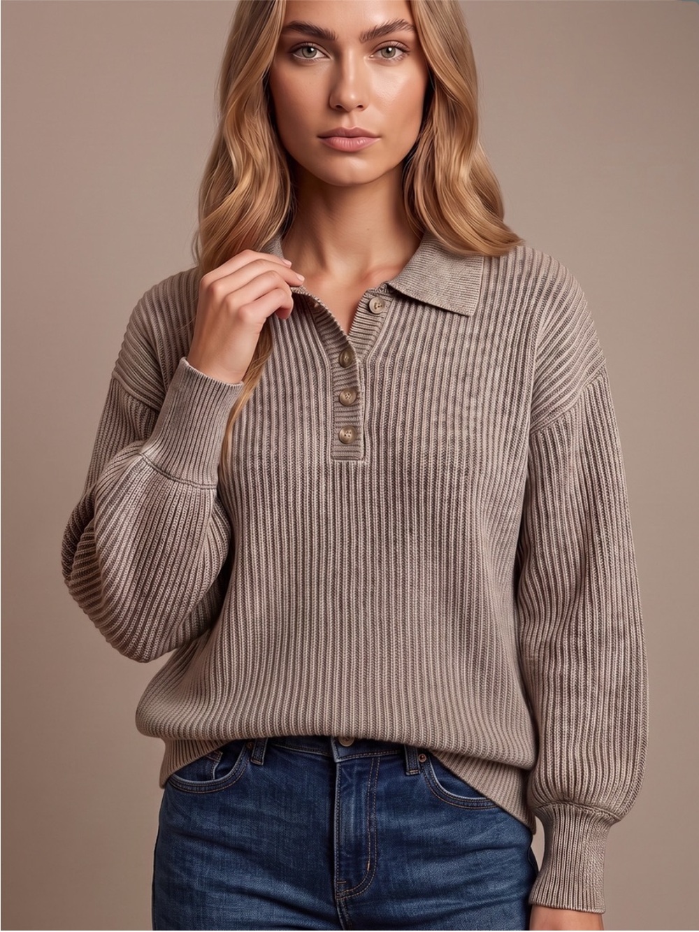 Zenana Outfitters Taupe Ribbed Collared V-Neck Sweater